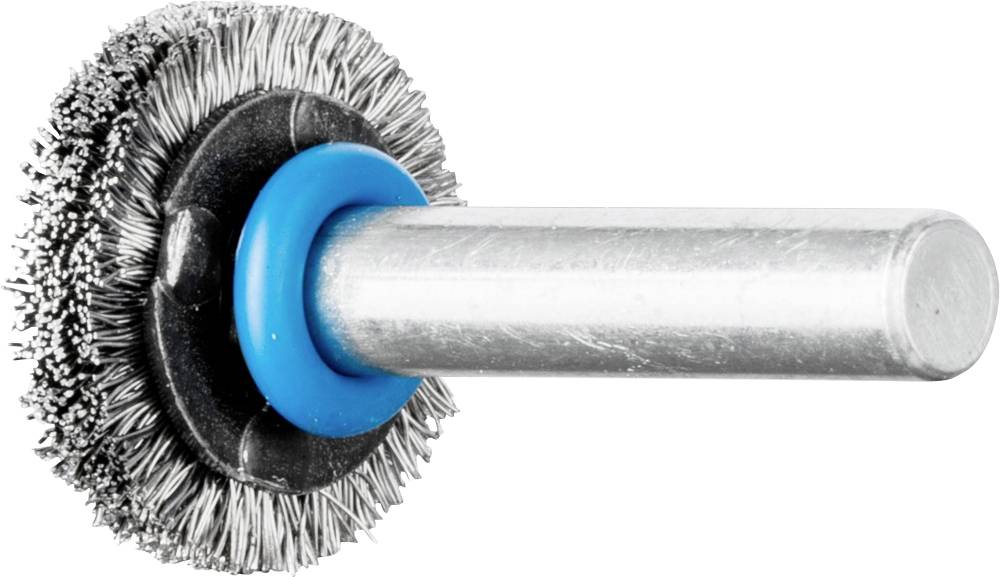 Eine rotierende Drahtbürste mit blauem Zentrum, geeignet für Reinigungs- oder Polierarbeiten auf Metalloberflächen.