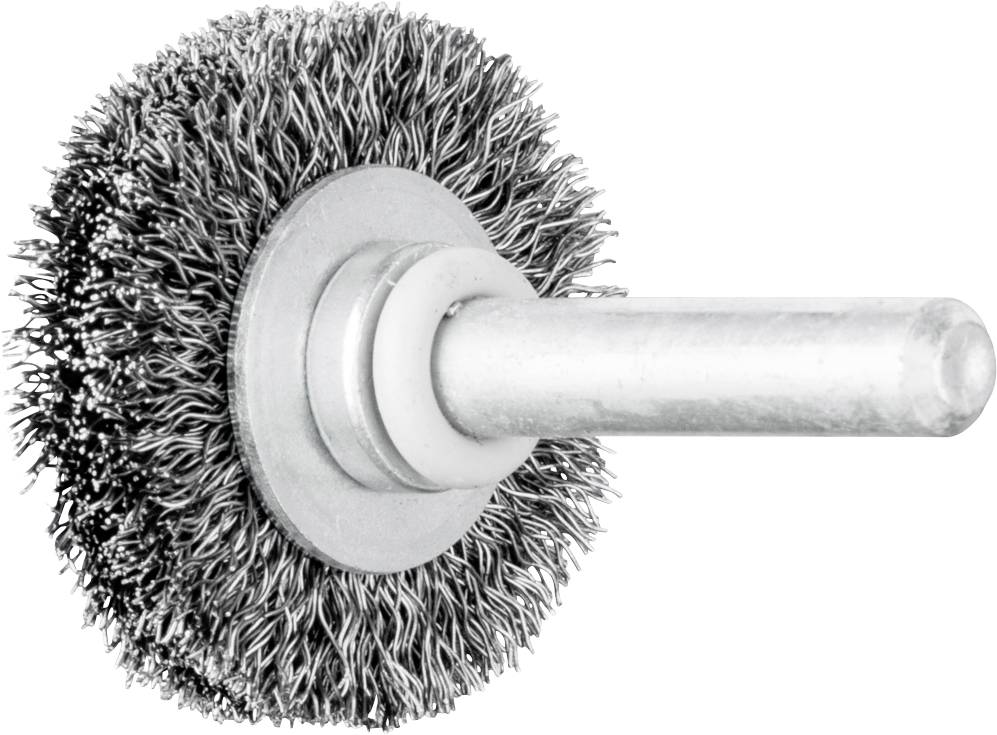 Metallbürstenaufsatz mit dichten Borsten, geeignet für die Reinigung oder das Polieren von Oberflächen wie Metall oder Holz.