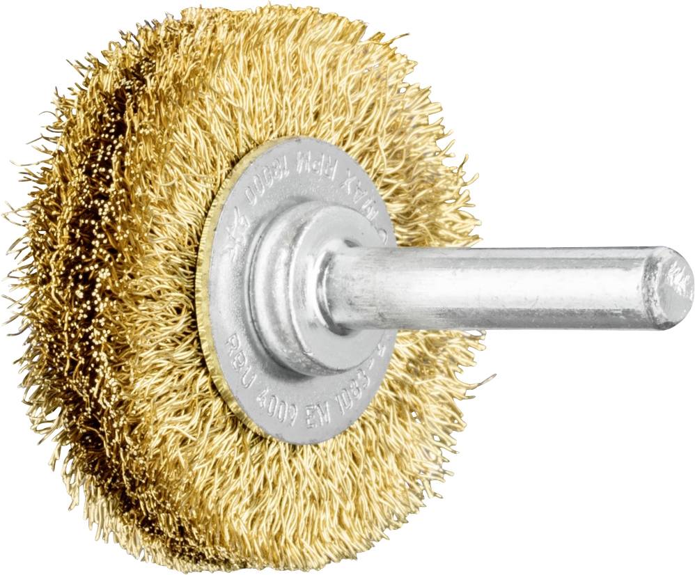Messingdrahtbürste mit Griff, verwendet für Reinigung oder Metallpolieren. Rundform mit dichten, goldfarbenen Borsten.