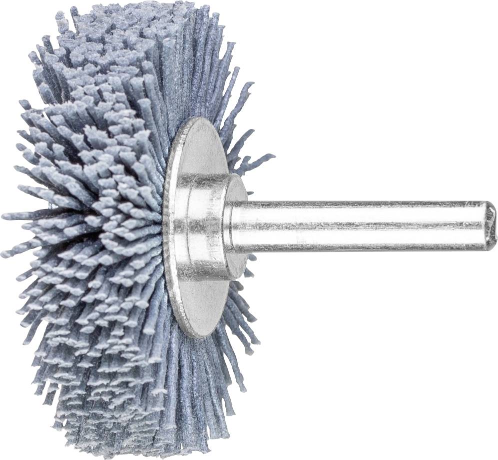 Ein Schleifaufsatz mit blauen Borsten und Metallstange zur Befestigung, verwendet für das Schleifen und Polieren von Oberflächen.