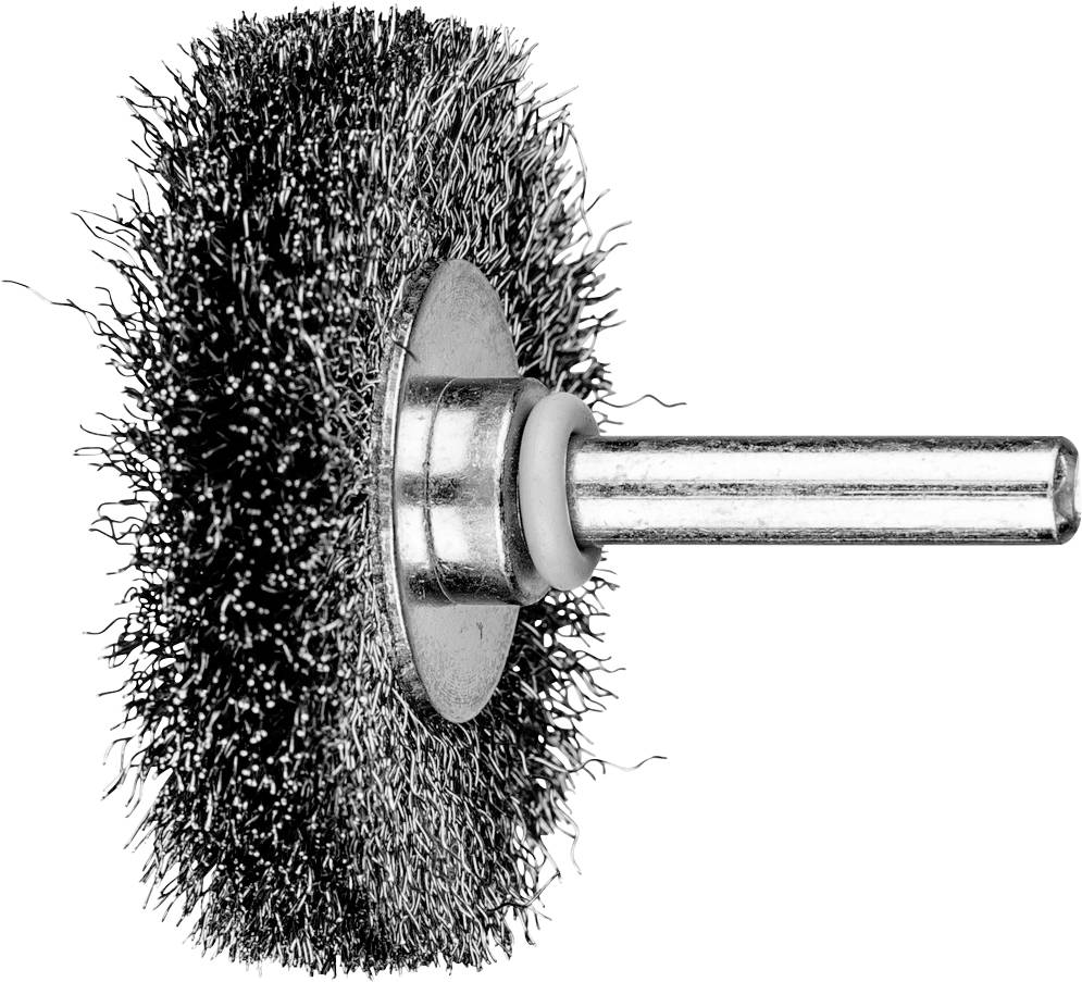 Drahtbürstenvorsatz für Bohrmaschine, bestehend aus dichten Metallborsten und einem zylindrischen Schaft.