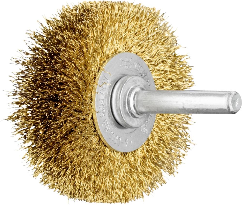 Eine runde Drahtbürste mit gelbgoldenen Borsten und einem Metallgriff, typisch verwendet zum Reinigen oder Schleifen von Oberflächen.