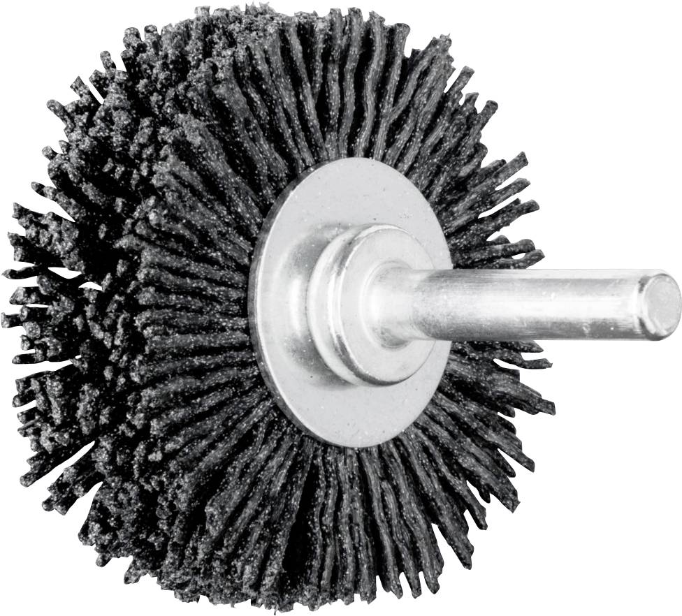 Bild einer runden Schleifbürste mit Metallkern und Borsten, die zum Polieren oder Schleifen von Oberflächen verwendet wird.