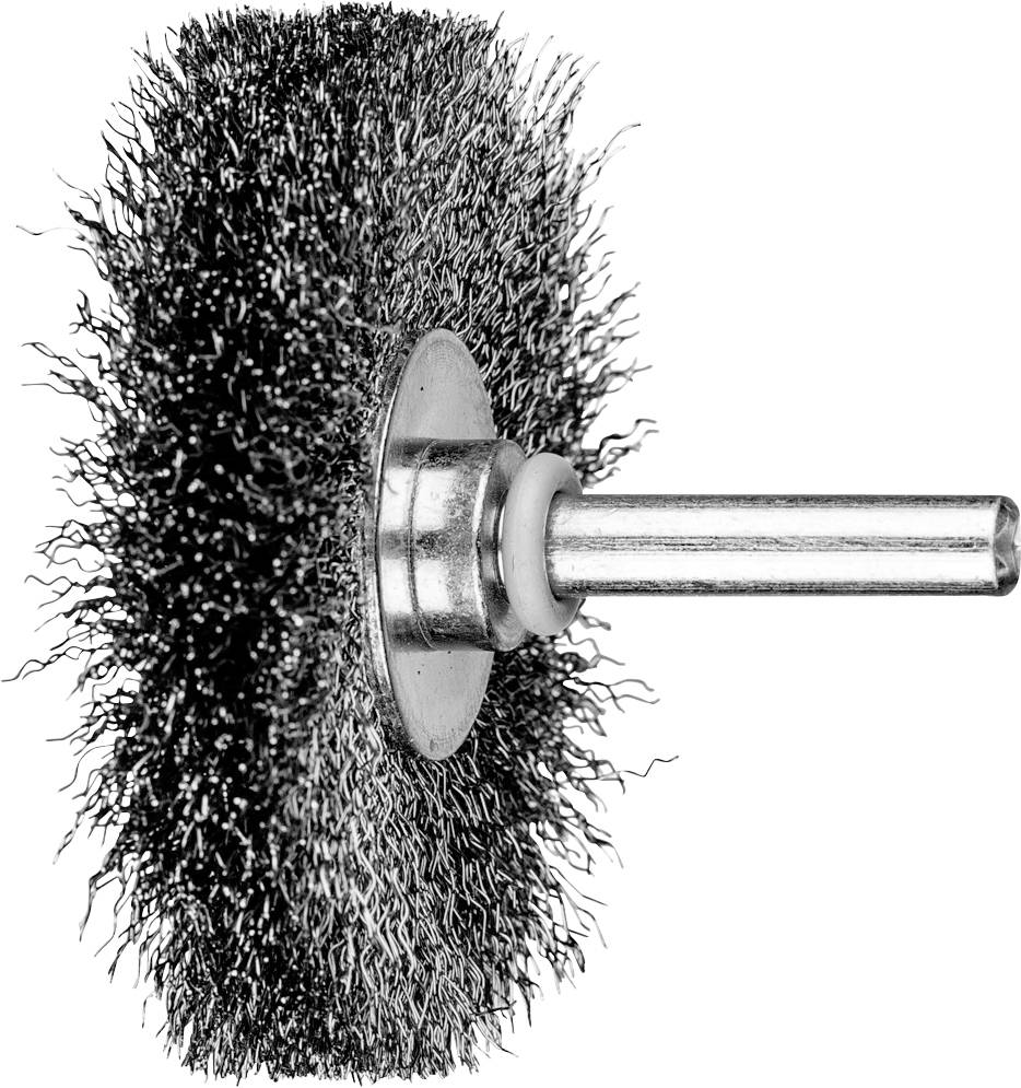 Drahtbürste mit Metallborsten und langem Griff vor weißem Hintergrund, seitliche Ansicht.