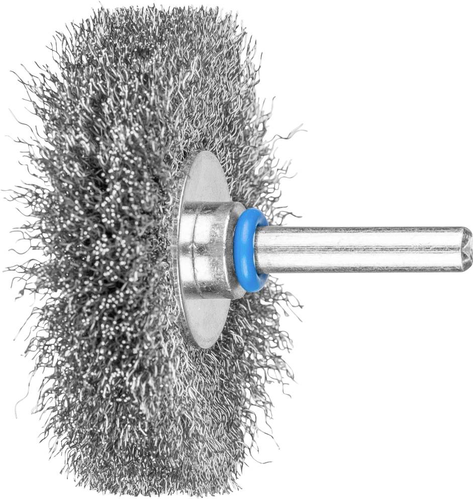 Metallbürste mit Drahtborsten und blauem Ring, seitlich betrachtet.