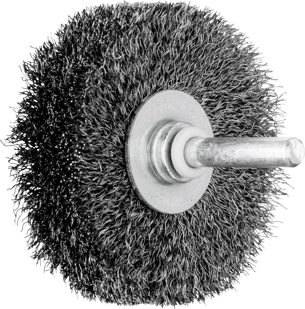 Drahtbürsten-Rundbürste mit Metallschaft, geeignet für die Entfernung von Rost und Lack, in Nahaufnahme seitlich abgebildet.