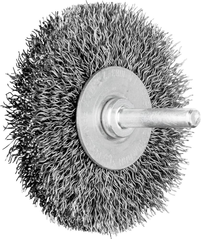 Metall-Drahtbürstenaufsatz für Bohrmaschinen, rund und dicht mit Borsten besetzt, zur Reinigung und Entrostung von Oberflächen.