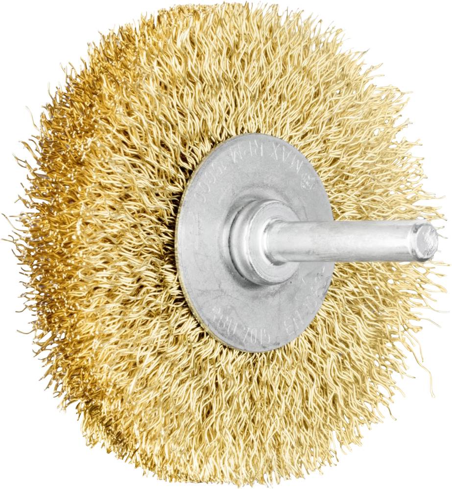 Metall-Drahtbürste mit radial angeordneten Borsten und einem zentralen Metallstift. Verwendet zum Reinigen und Entgraten von Oberflächen.