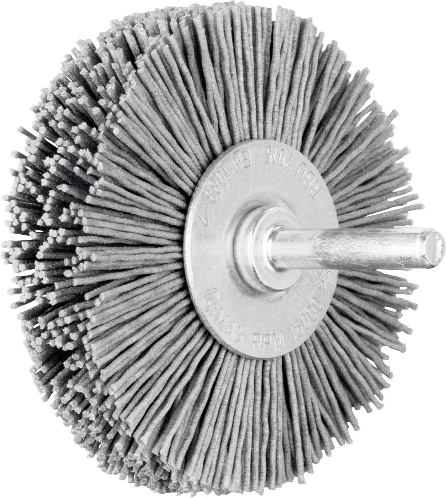 Graue Schleifscheibe mit Borsten und zylindrischem Schaft, verwendet für die Oberflächenbearbeitung von Materialien.