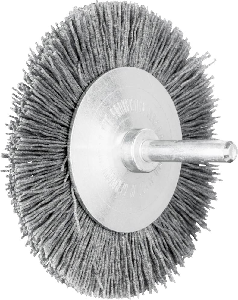 Runde Schleifscheibe mit eng nebeneinander angeordneten grauen Borsten und einer Metallhalterung in der Mitte, für Maschinenwerkzeuge geeignet.