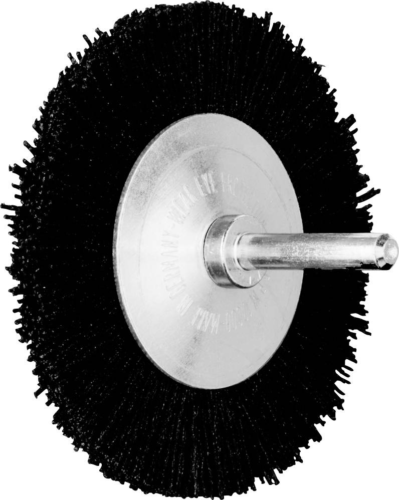 Schwarze Drahtbürste mit rundem Metalldorn in der Mitte, zur Verwendung mit einem Handwerkzeug geeignet.