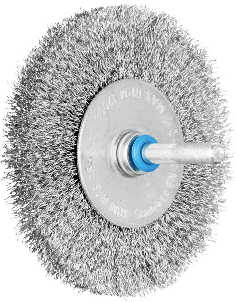 Drahtbürstenaufsatz für Bohrmaschine, bestehend aus dichten Metallborsten. Eignet sich zum Entfernen von Rost oder Farbe.
