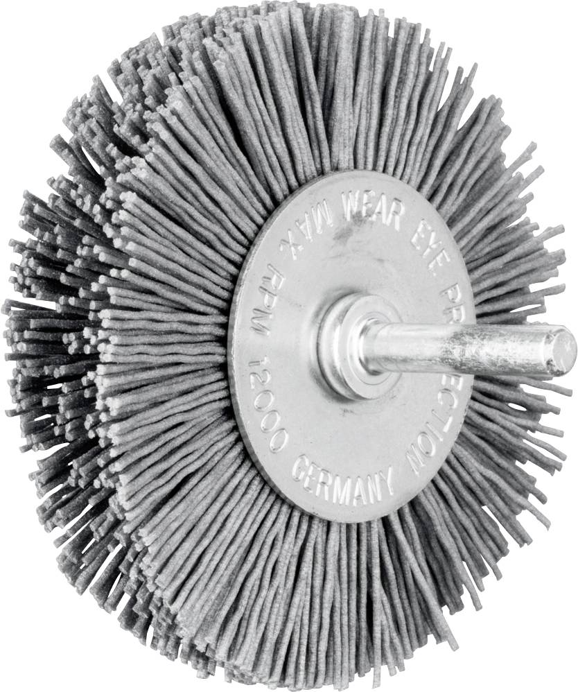 Drahtbürstenaufsatz mit vielen Borsten, montiert auf einer Metallspindel. Wird verwendet zum Schleifen und Reinigen von Oberflächen.