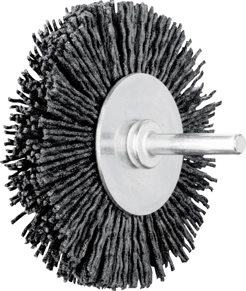 Eine runde Drahtbürste mit Metallaufsatz, die zur Reinigung oder Politur von Oberflächen verwendet wird.
