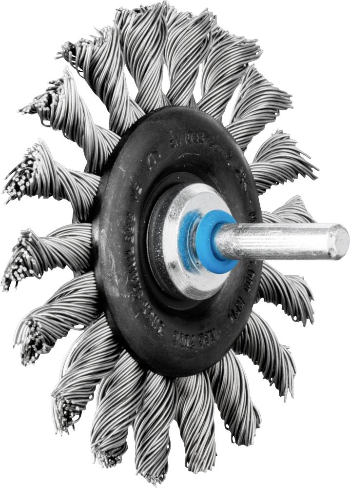 Drahtbürstenkopf mit gedrehten Borsten und Metallbefestigung. Wird für die Entfernung von Rost und Schmutz auf Oberflächen verwendet.