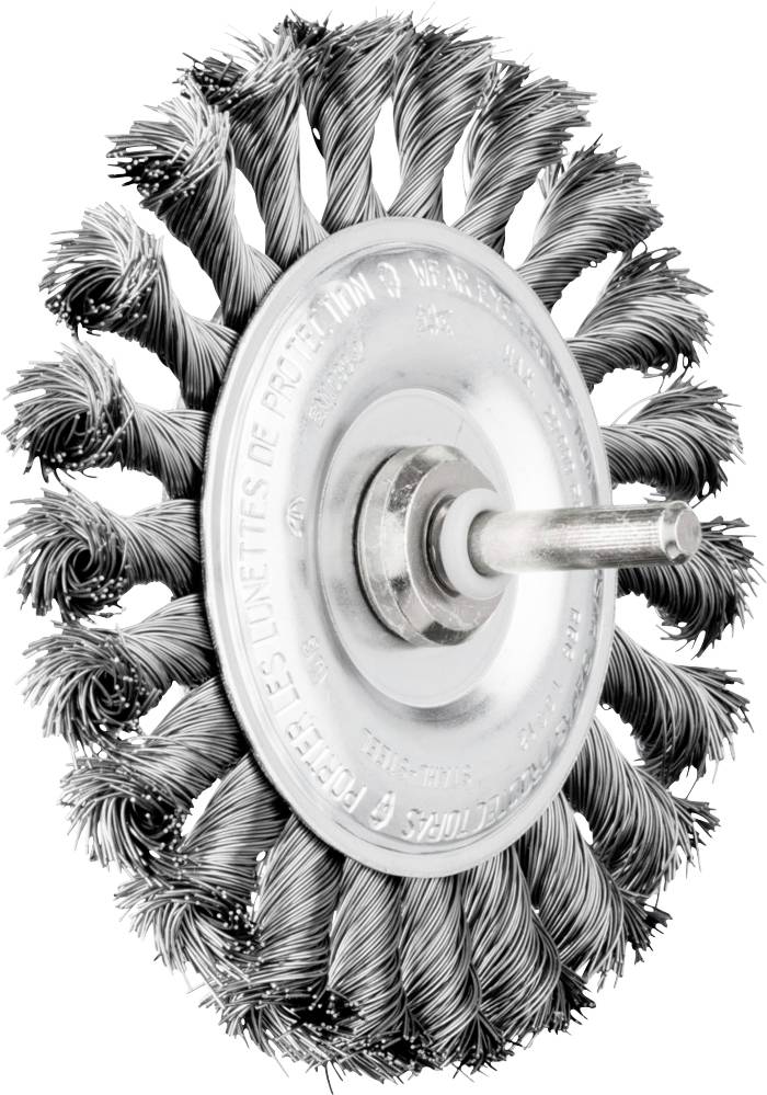 Eine drehbare Drahtbürste mit verdrillten Borsten um eine zentrale Metallhalterung, oft genutzt zur Metallreinigung und Rostentfernung.