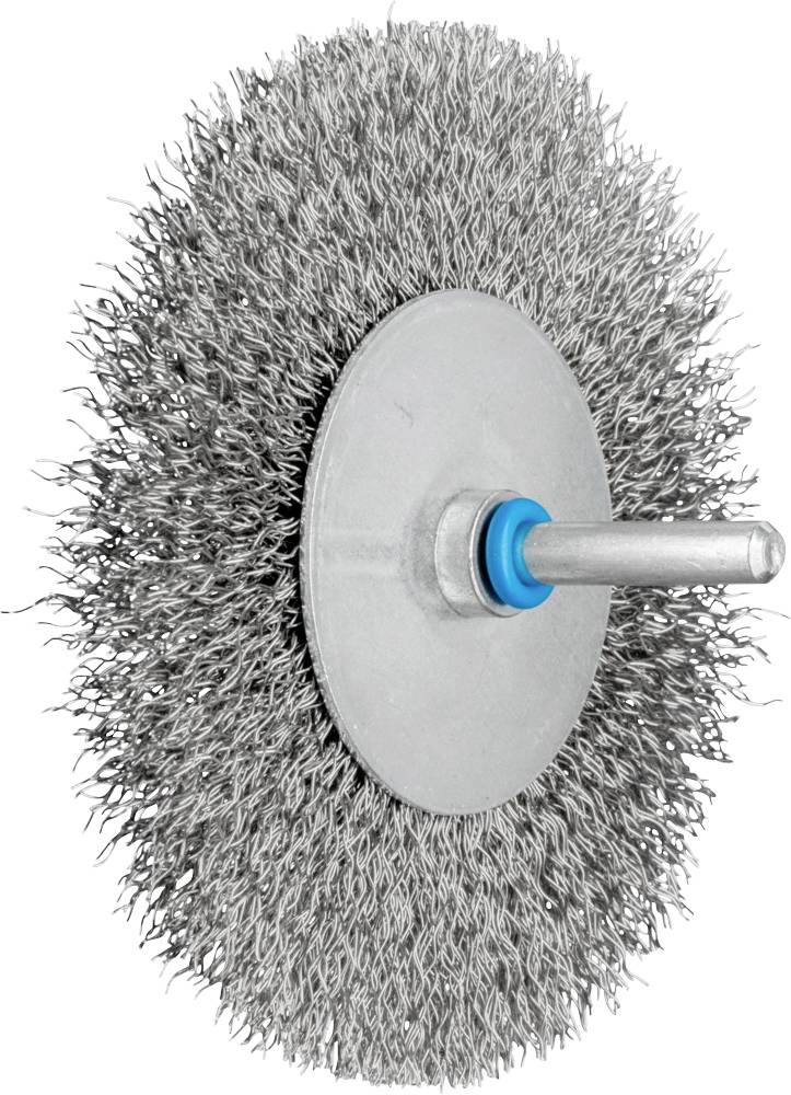 Runde Drahtbürste mit Metallkern und Borsten aus Edelstahl. Geeignet für die Reinigung und das Entfernen von Rost oder Farbe.