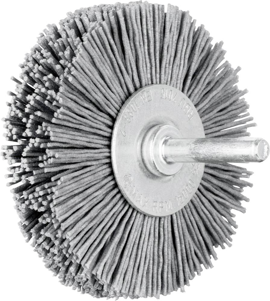 Eine runde Drahtbürste mit Stabhalterung, zur Metallreinigung. Die Borsten sind aus feinem Draht gefertigt.