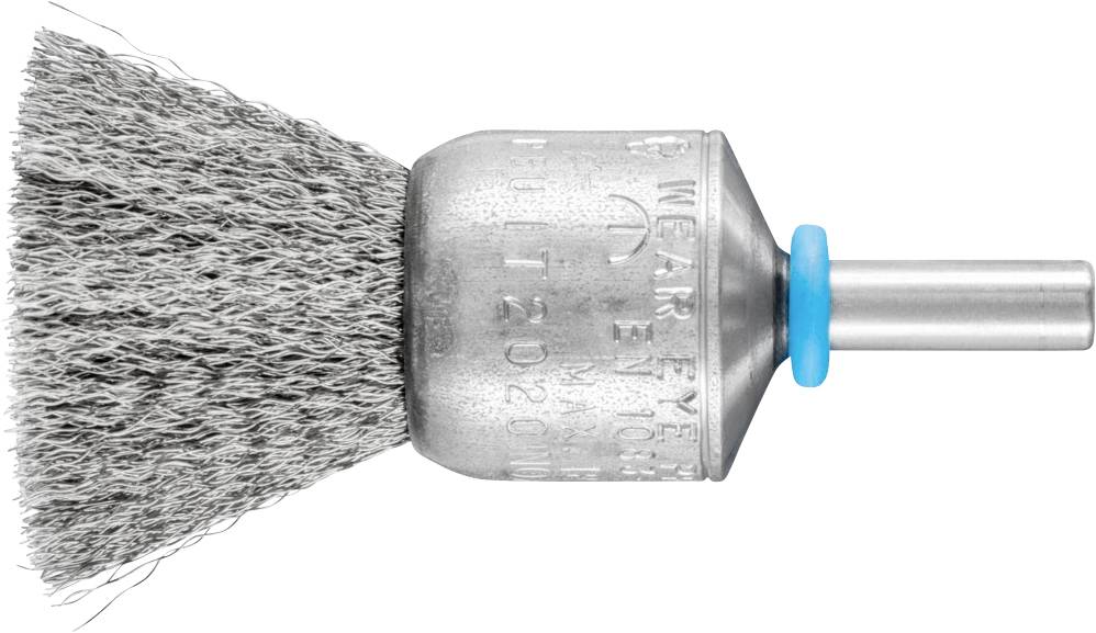 Drahtbürste mit Metallborsten und zylindrischem Schaft, geeignet für Reinigungs- und Polierarbeiten auf Metalloberflächen.