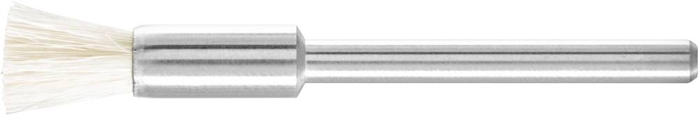 Bürstenaufsatz aus Metall und Borsten, vor weißem Hintergrund, zum Reinigen oder Polieren geeignet.
