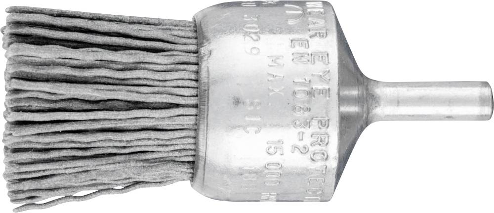 Drahtbürstaufsatz in zylindrischer Form, aus grauem Metall, mit gleichmäßig angeordneten Drahtborsten, für Bohrmaschinen geeignet.