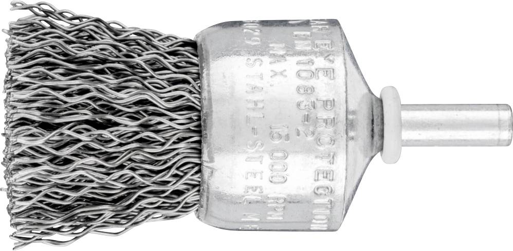 Drahtbürste mit Metallborsten zur Verwendung mit Elektrowerkzeugen, geeignet für Reinigung und Oberflächenvorbereitung.