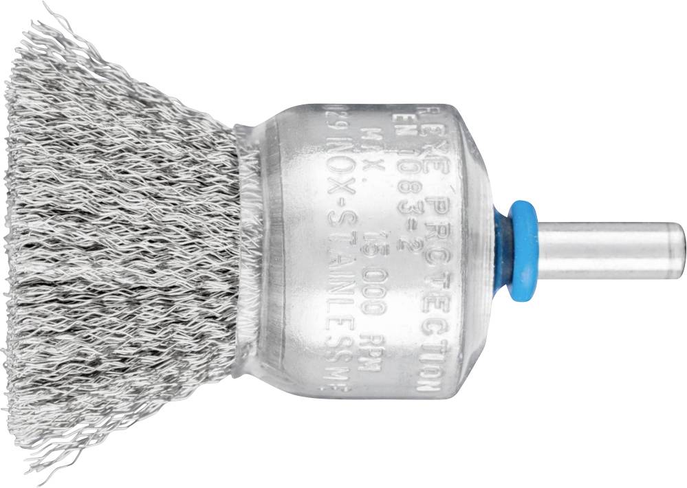 Drahtbürste aus Metall mit silbernem Kopf, Borsten und blauem Ring. Geeignet für die Reinigung von Oberflächen und Rostentfernung.