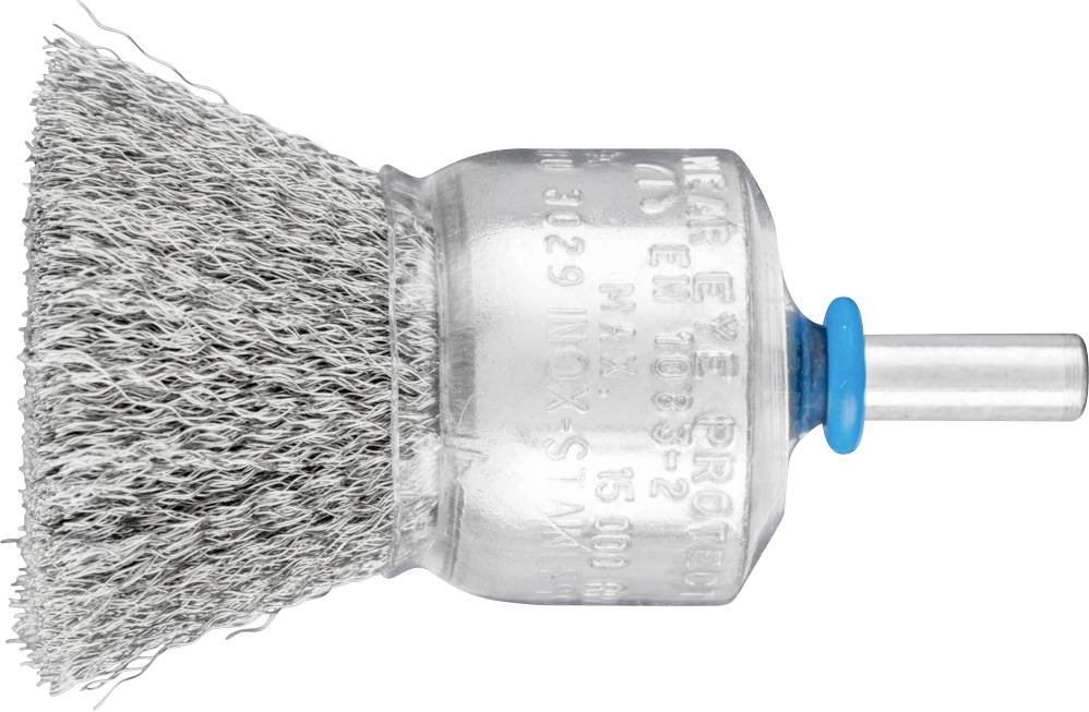 Topfbürste mit Metallborsten und blauem Ring um den Schaft. Wird zur Reinigung und zum Entfernen von Rost oder Farbe verwendet.