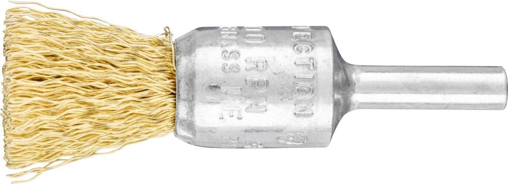 Ein Rundbürstenaufsatz mit Metallkörper und gewellten Borsten, für Bohrmaschinen geeignet, wird in einer seitlichen Ansicht gezeigt.