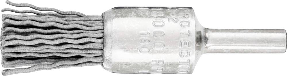 Ein silberner Schleifkopf mit Borsten, die wie ein Pinsel geformt sind. Er wird in Werkzeugen zum Polieren oder Schleifen eingesetzt.