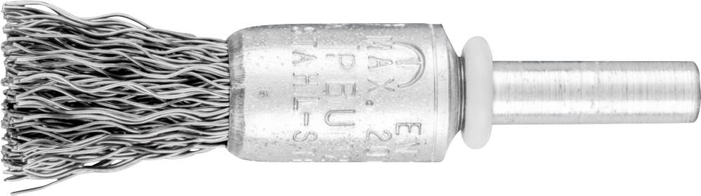 Ein Rundbürstenaufsatz aus Metall mit langen Drahtborsten und einem zylindrischen Griff, das für Bohrmaschinen verwendet wird.
