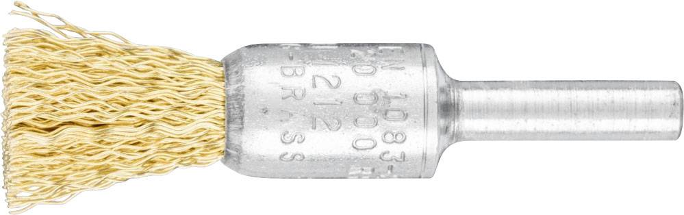 Eine Drahtbürste aus Messing mit zylindrischem Schaft, geeignet für die Reinigung von Metalloberflächen.