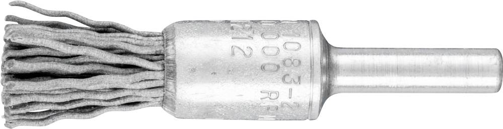 Eine Metallbürste in Zylinderform mit Drahtborsten für Bohrmaschinen, geeignet zur Reinigung und Polierung von Metalloberflächen.