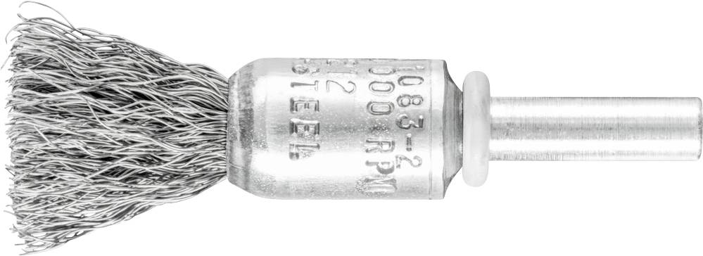 Ein Drahtbürstenaufsatz für Bohrmaschinen, bestehend aus vielen Metalldrahtborsten, mit zylindrischem Schaft für die Befestigung.