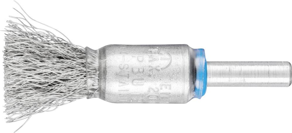 Drahtbürstenaufsatz mit Metallschaft und gebogenen Borsten, geeignet für Bohrmaschinen, zur Reinigung oder Oberflächenbearbeitung.