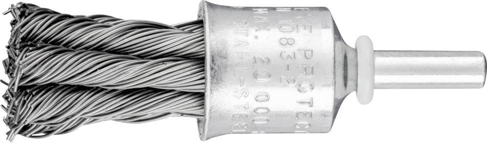 Drahtbürstenaufsatz mit verdrillten Stahldrähten und zylindrischem Schaft, verwendet zum Reinigen von Metalloberflächen.