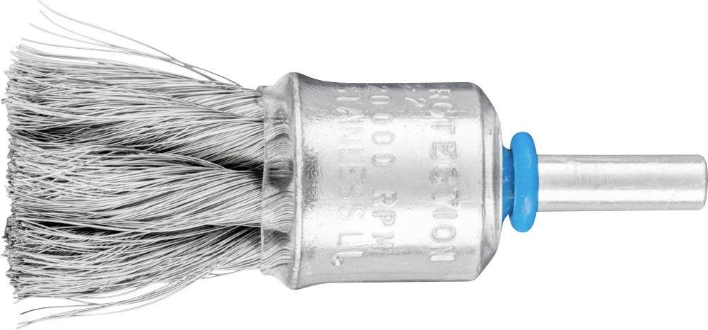 Stahldraht-Schleifbürste mit Metallgriff und blauem Kunststoffring, geeignet für Polierarbeiten und Rostentfernung.