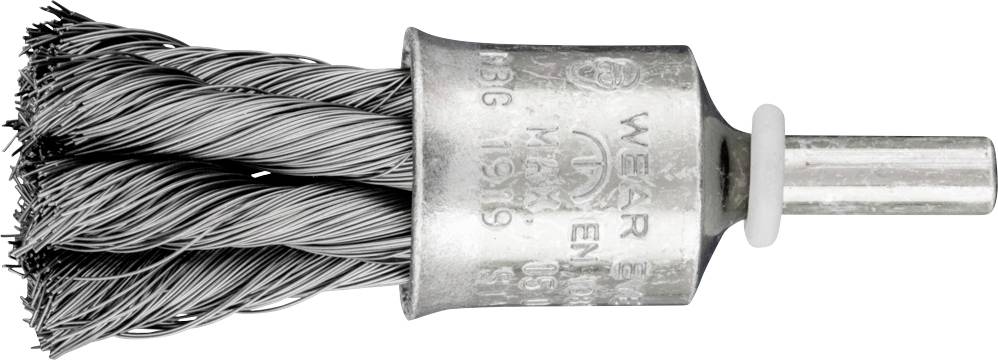 Metallische Rundbürste mit dichten, verdrillten Borsten und einem zylindrischen Schaft, geeignet zur Oberflächenbearbeitung.