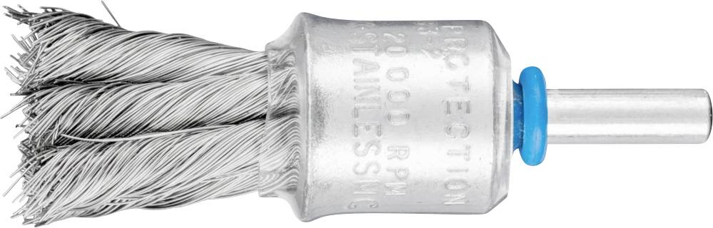 Metallbürste mit Borsten aus Draht für Bohrmaschineneinsatz. Zylinderförmiger Kopf mit blauer Markierung auf der Metallachse.