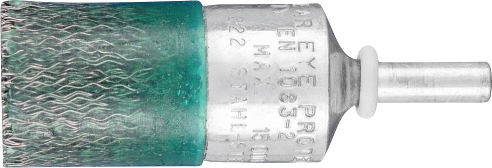 Ein zylindrisches Schleifwerkzeug mit grünem, drahtartigem Material, befestigt an einem silbernen Metallzylinder mit Aufschrift.