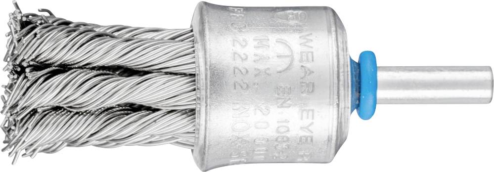 Drahtbürstenaufsatz mit gedrehten Stahlborsten und zylindrischem Schaft, geeignet zur Reinigung und Oberflächenbearbeitung von Metallen.