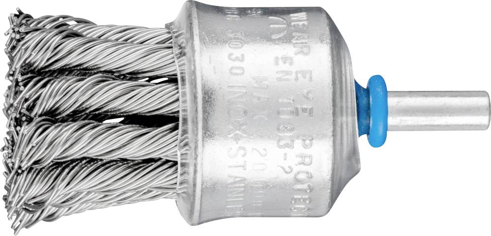 Drahtbürste mit gedrehten Borsten aus Edelstahl und blauem Einsatz, zur Metallreinigung und -politur.