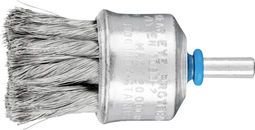 Rundbürste mit Metallborsten und einem blauen Drehkopfadapter. Verwendet zur Reinigung oder Bearbeitung von Oberflächen.