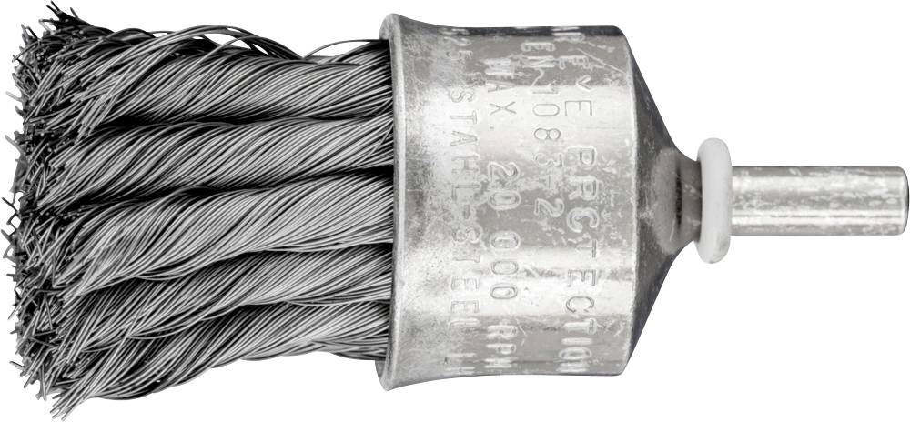 Eine runde Drahtbürste mit Metallborsten und zylindrischem Schaft, geeignet für die Reinigung oder das Entfernen von Rost auf Oberflächen.