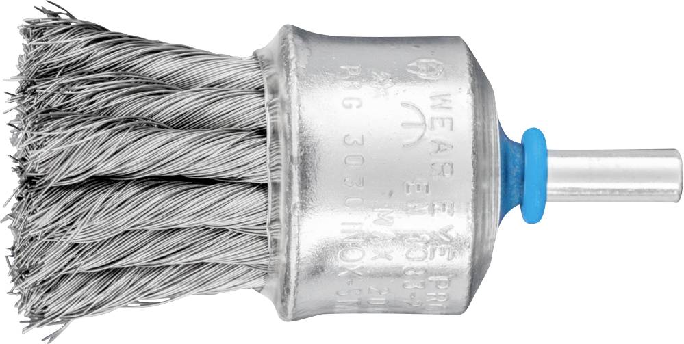 Eine Drahtbürste mit Metallborsten und blauem Kunststoffring, seitlich liegend; Werkzeug zum Reinigen oder Entgraten.