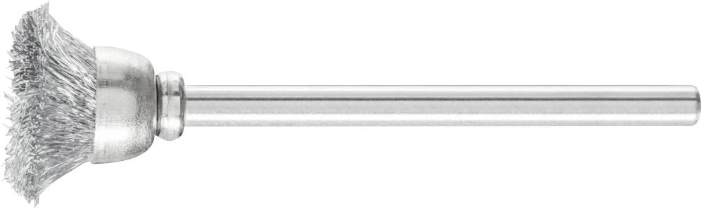 Metallbürste mit langem Griff und runden Borsten, geeignet für Reinigung oder Polierarbeiten an Metalloberflächen.