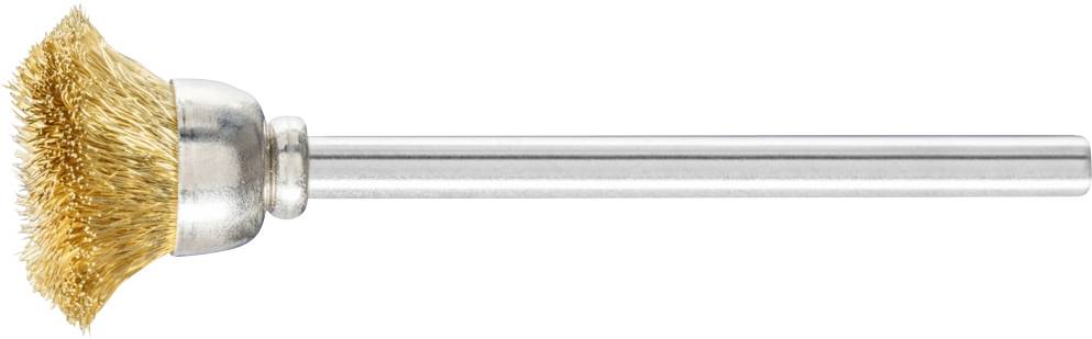Rundbürstenaufsatz aus Messingdraht mit langem, silberfarbenem Schaft, geeignet für Bohrmaschinen zur Metallreinigung.