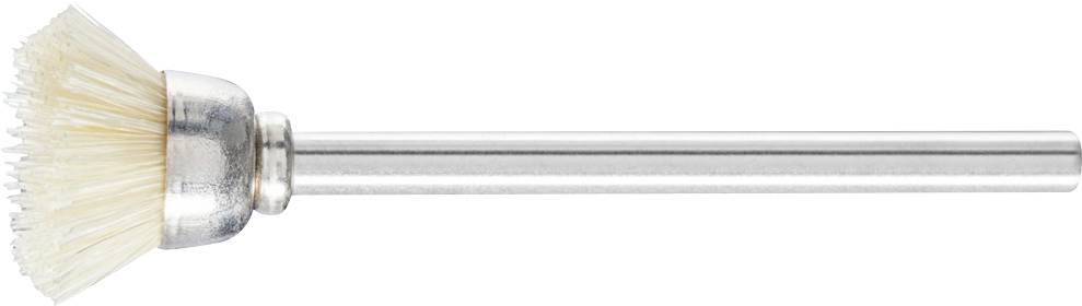 Eine Drahtbürste mit langem Metallstiel und weißen Borsten, geeignet für Reinigungs- oder Polierarbeiten auf verschiedenen Materialien.