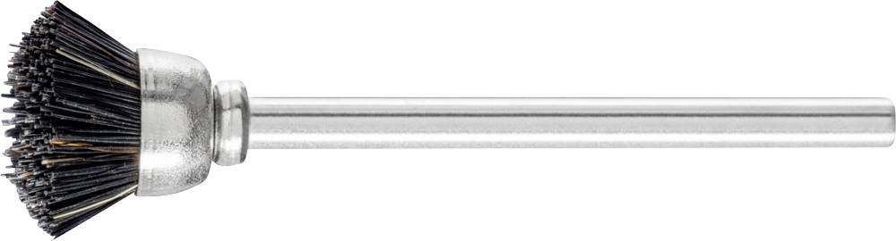 Metall-Bürstaufsatz mit schwarzem Draht für Bohrmaschinenreinigung, geeignet für Rost- und Farbabtrag. Abgenutzte Borsten sichtbar.