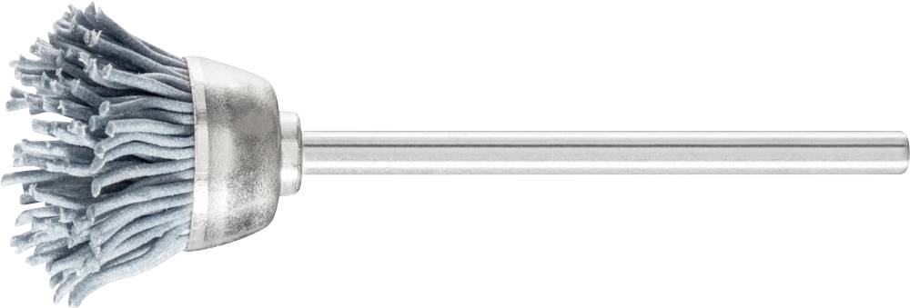 Großer Metallbürstenaufsatz mit grauen Borsten, wahrscheinlich für Bohrmaschinen verwendet, auf weißem Hintergrund.